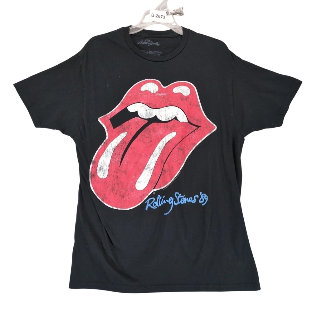 The Rolling Stones '89 Tongue Black T-Shirt Mens L Distressed Classic Rock Band